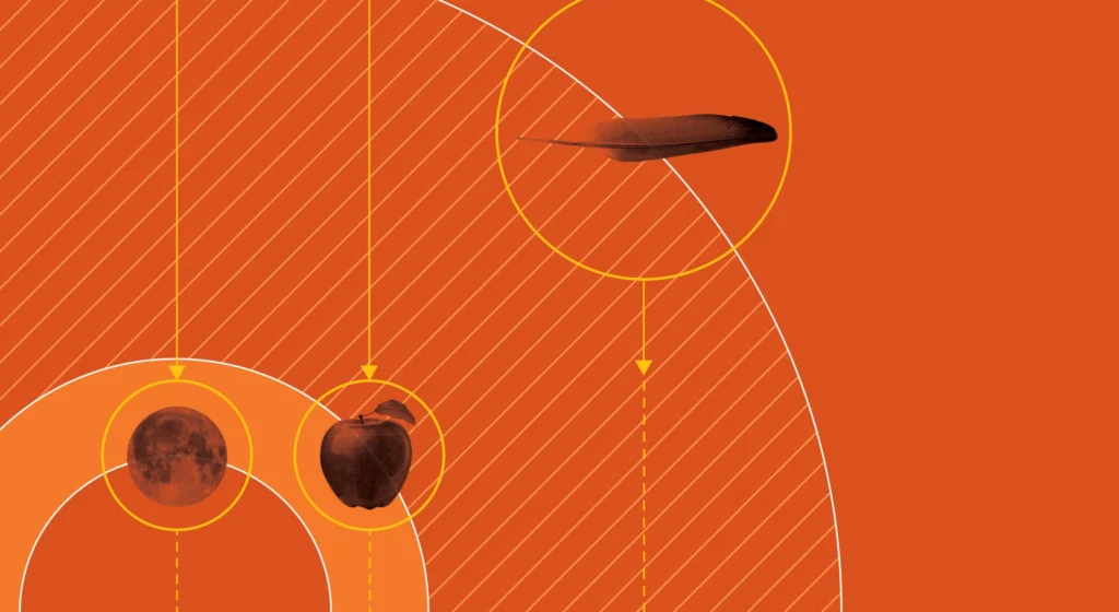 An abstract illustration to represent classic physics. Featuring a moon, apple, and feather presented with simple circles, lines and arrows graphics to illustrate orbits and gravity.
